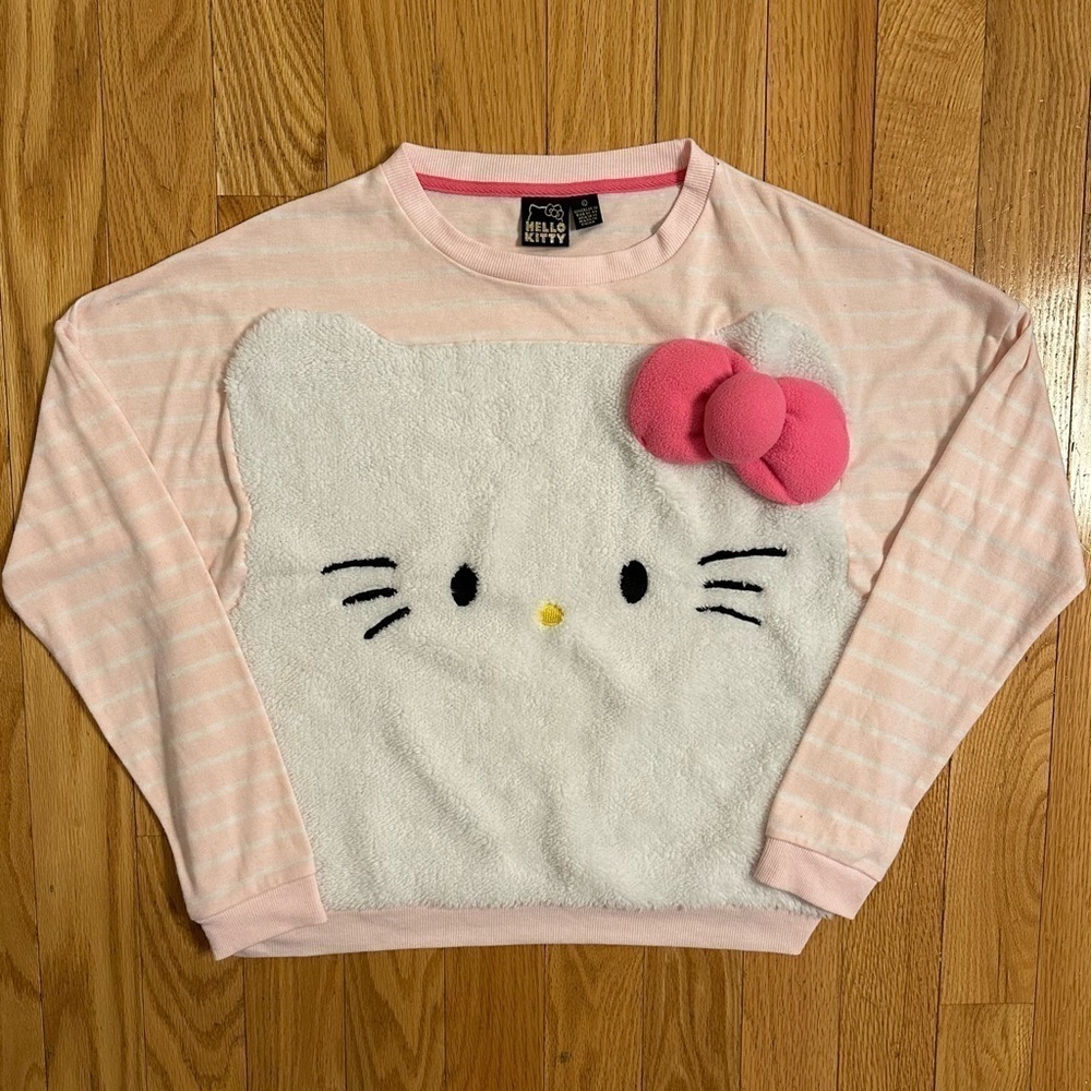 Hello Kitty Giant Face Oversized 3D Bow Sherpa Head Striped Shirt Women’s L RARE